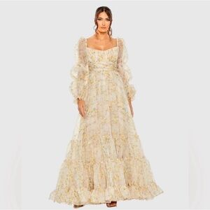 Stunning Mac Duggal Floral Organza Puff Sleeve Tiered Gown - Size 8